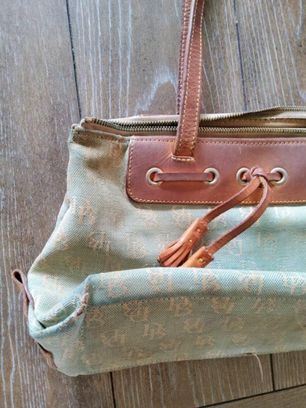 Vintage Dooney & Bourke Aqua DB Monogram Canvas Leather Satchel Y2K - Picture 3 of 6
